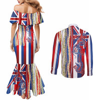 Hawaiian Sea Animals Couples Matching Mermaid Dress and Long Sleeve Button Shirt with Lei and Flag Style LT03 - Polynesian Pride
