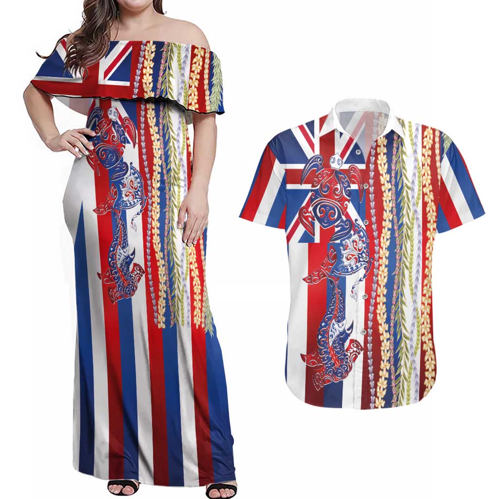 Hawaiian Sea Animals Couples Matching Off Shoulder Maxi Dress and Hawaiian Shirt with Lei and Flag Style LT03 Multicolor - Polynesian Pride