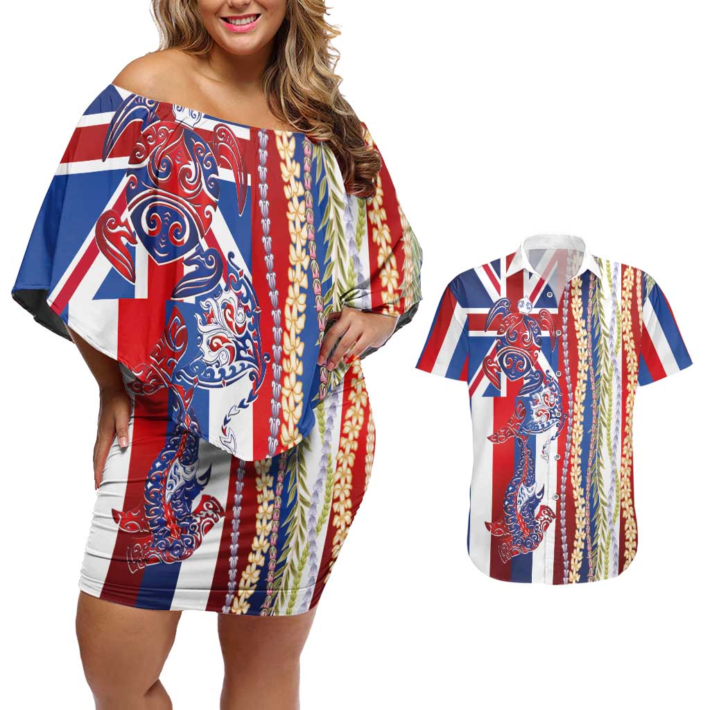 Hawaiian Sea Animals Couples Matching Off Shoulder Short Dress and Hawaiian Shirt with Lei and Flag Style LT03 Multicolor - Polynesian Pride
