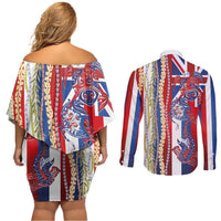 Hawaiian Sea Animals Couples Matching Off Shoulder Short Dress and Long Sleeve Button Shirt with Lei and Flag Style LT03 - Polynesian Pride