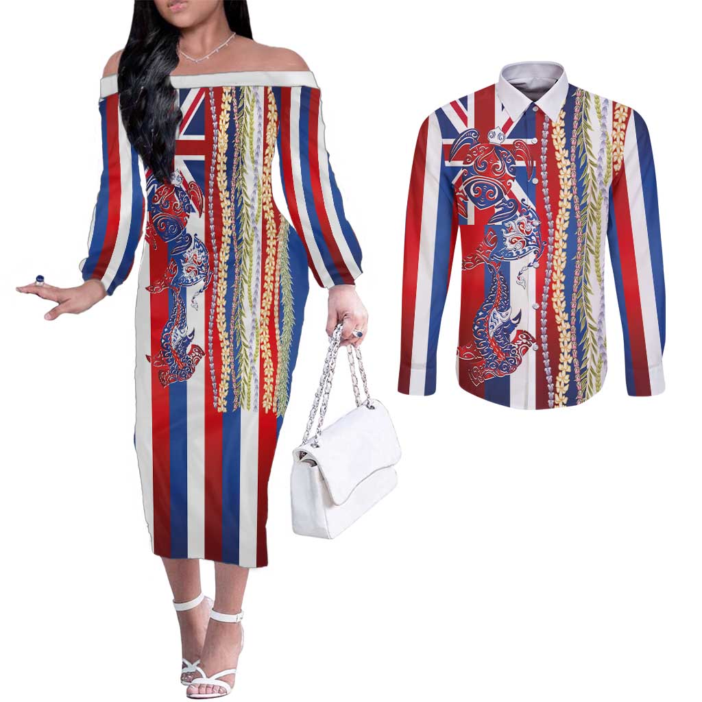 Hawaiian Sea Animals Couples Matching Off The Shoulder Long Sleeve Dress and Long Sleeve Button Shirt with Lei and Flag Style