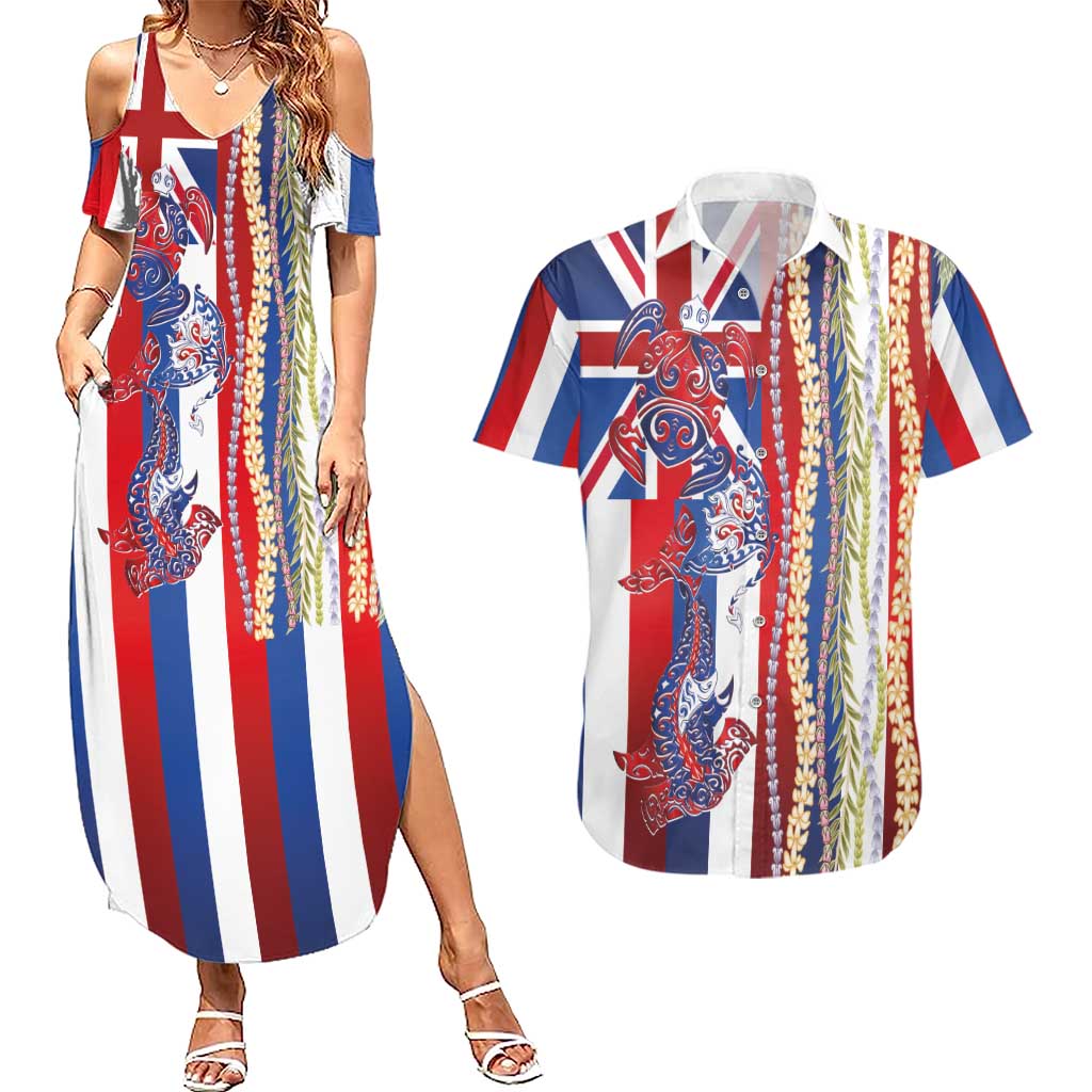 Hawaiian Sea Animals Couples Matching Summer Maxi Dress and Hawaiian Shirt with Lei and Flag Style LT03 Multicolor - Polynesian Pride