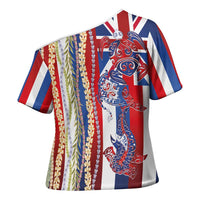 Hawaiian Sea Animals Cross Shoulder Shirt with Lei and Flag Style
