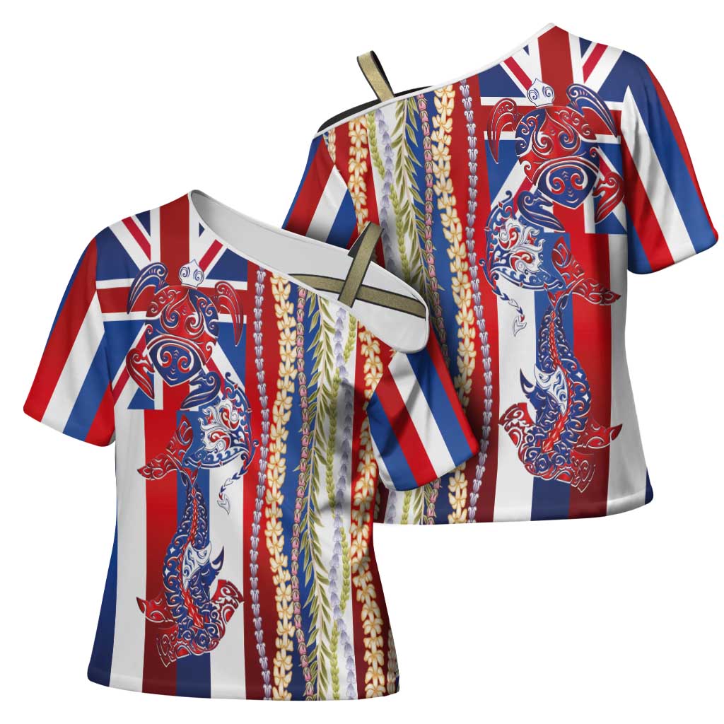Hawaiian Sea Animals Cross Shoulder Shirt with Lei and Flag Style