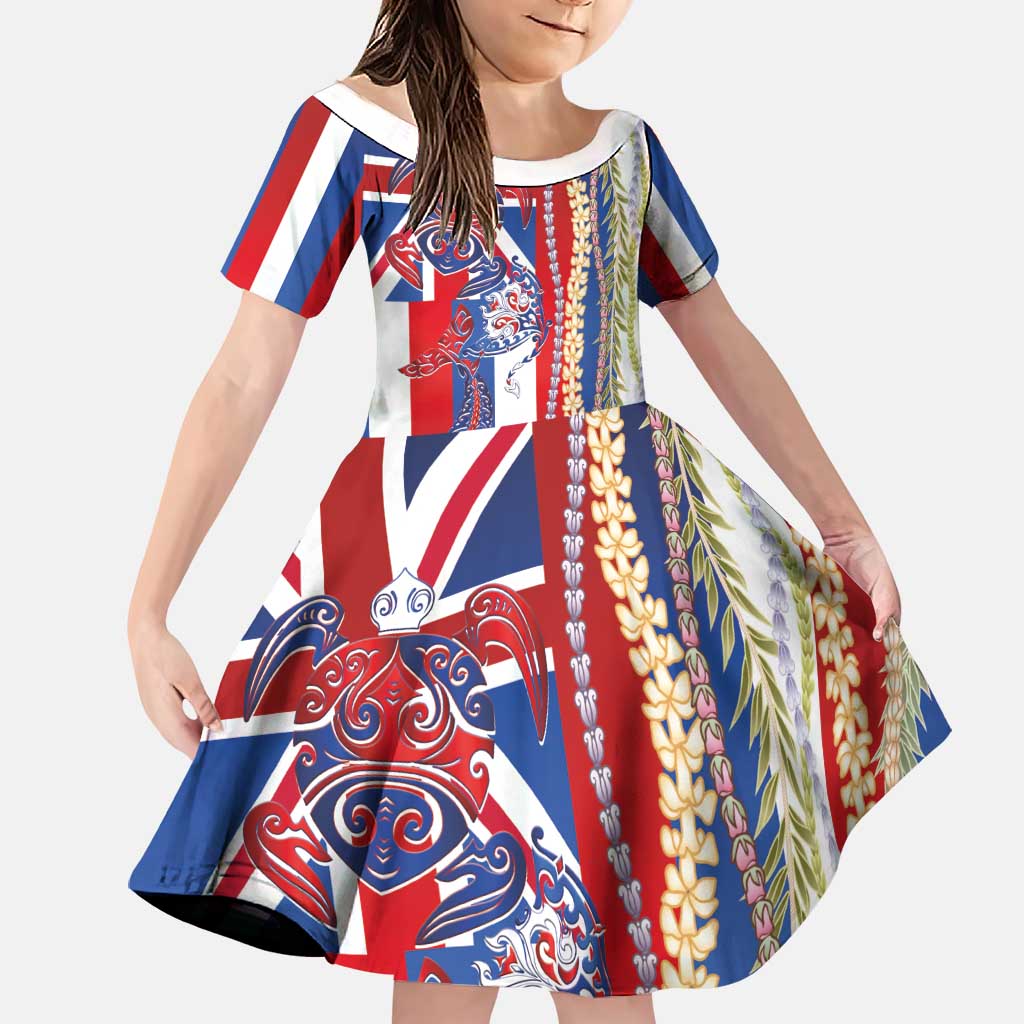 Hawaiian Sea Animals Family Matching Long Sleeve Bodycon Dress and Hawaiian Shirt with Lei and Flag Style