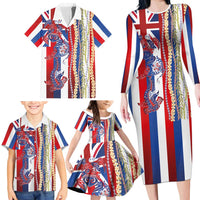 Hawaiian Sea Animals Family Matching Long Sleeve Bodycon Dress and Hawaiian Shirt with Lei and Flag Style