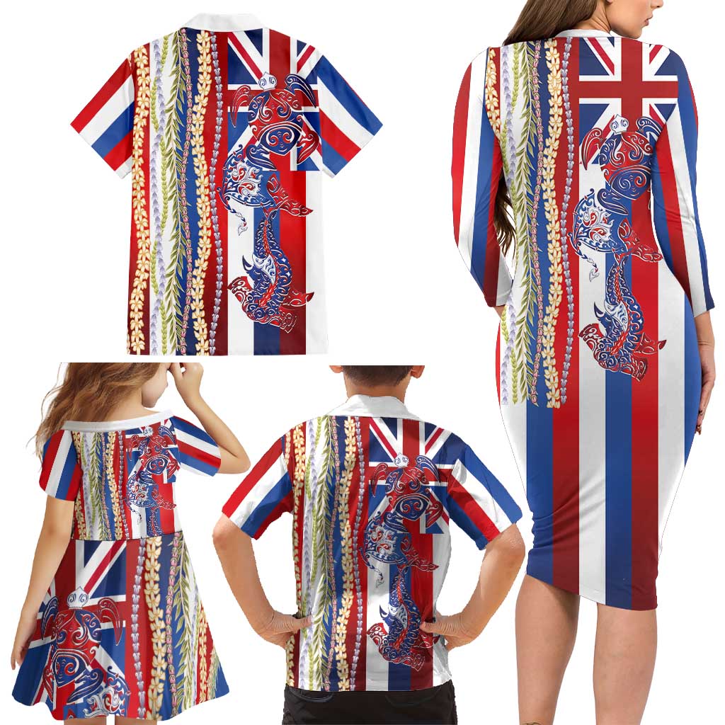 Hawaiian Sea Animals Family Matching Long Sleeve Bodycon Dress and Hawaiian Shirt with Lei and Flag Style