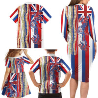 Hawaiian Sea Animals Family Matching Long Sleeve Bodycon Dress and Hawaiian Shirt with Lei and Flag Style