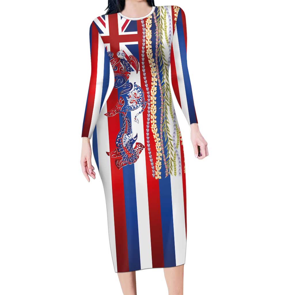 Hawaiian Sea Animals Family Matching Long Sleeve Bodycon Dress and Hawaiian Shirt with Lei and Flag Style