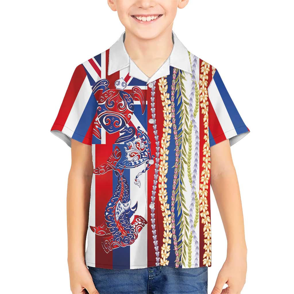 Hawaiian Sea Animals Family Matching Long Sleeve Bodycon Dress and Hawaiian Shirt with Lei and Flag Style