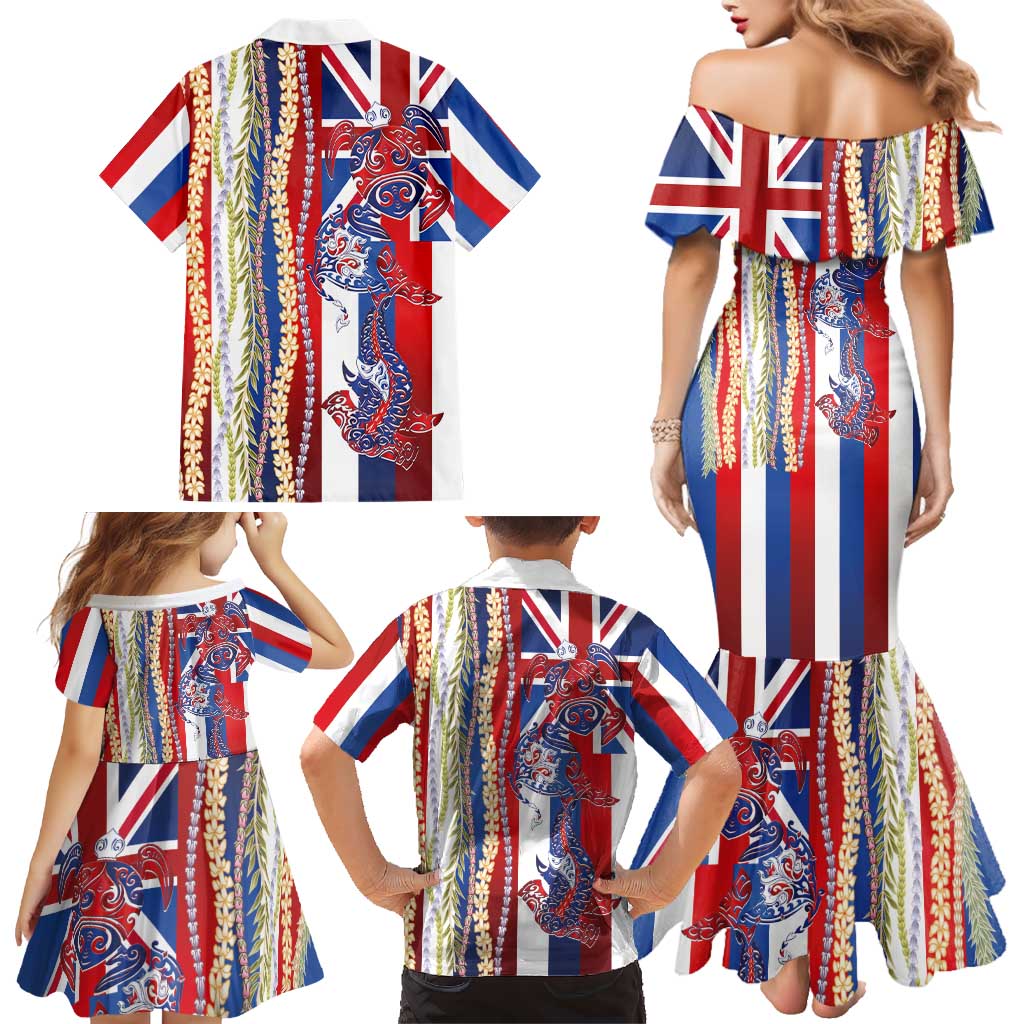 Hawaiian Sea Animals Family Matching Mermaid Dress and Hawaiian Shirt with Lei and Flag Style