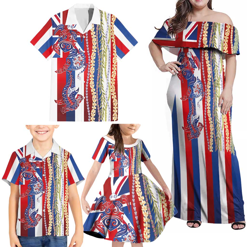 Hawaiian Sea Animals Family Matching Off Shoulder Maxi Dress and Hawaiian Shirt with Lei and Flag Style
