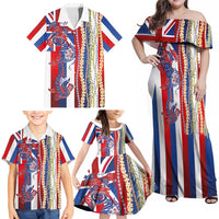 Hawaiian Sea Animals Family Matching Off Shoulder Maxi Dress and Hawaiian Shirt with Lei and Flag Style