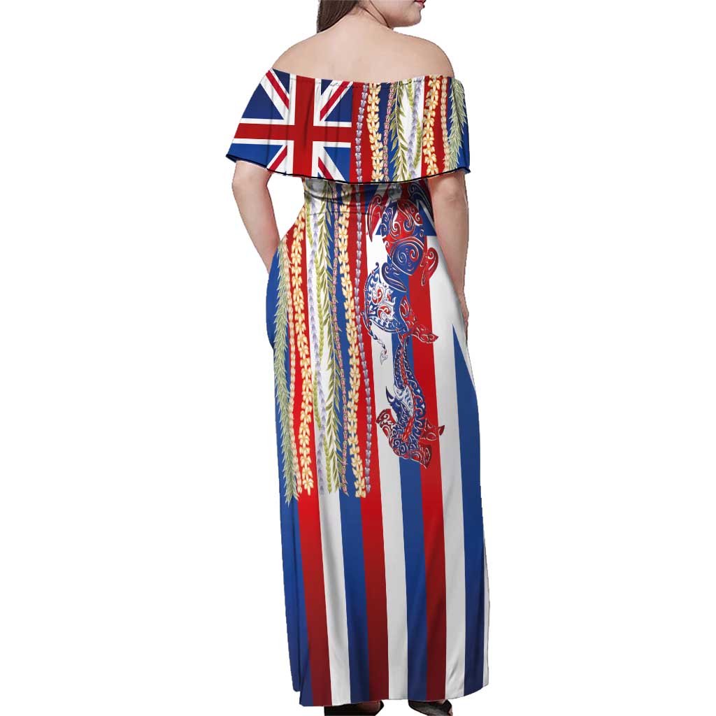 Hawaiian Sea Animals Family Matching Off Shoulder Maxi Dress and Hawaiian Shirt with Lei and Flag Style
