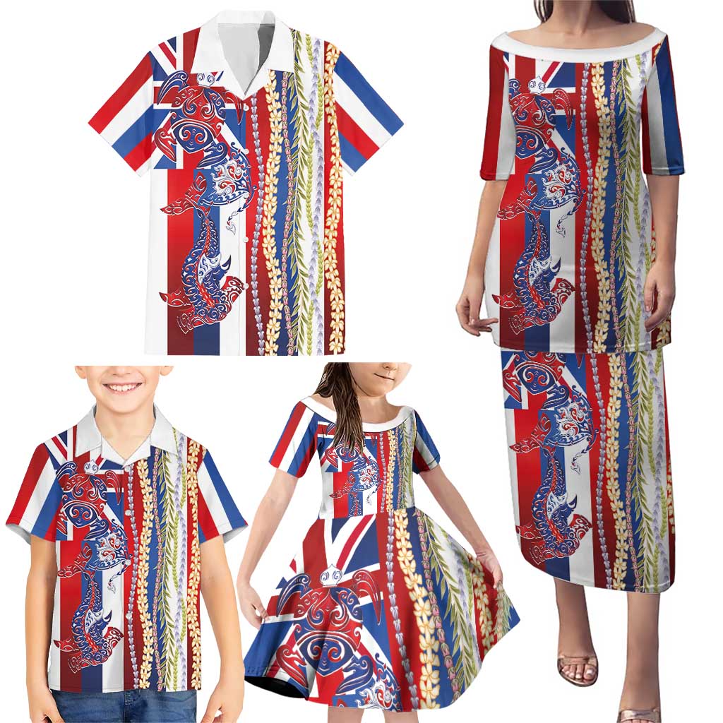 Hawaiian Sea Animals Family Matching Puletasi and Hawaiian Shirt with Lei and Flag Style