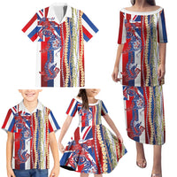 Hawaiian Sea Animals Family Matching Puletasi and Hawaiian Shirt with Lei and Flag Style