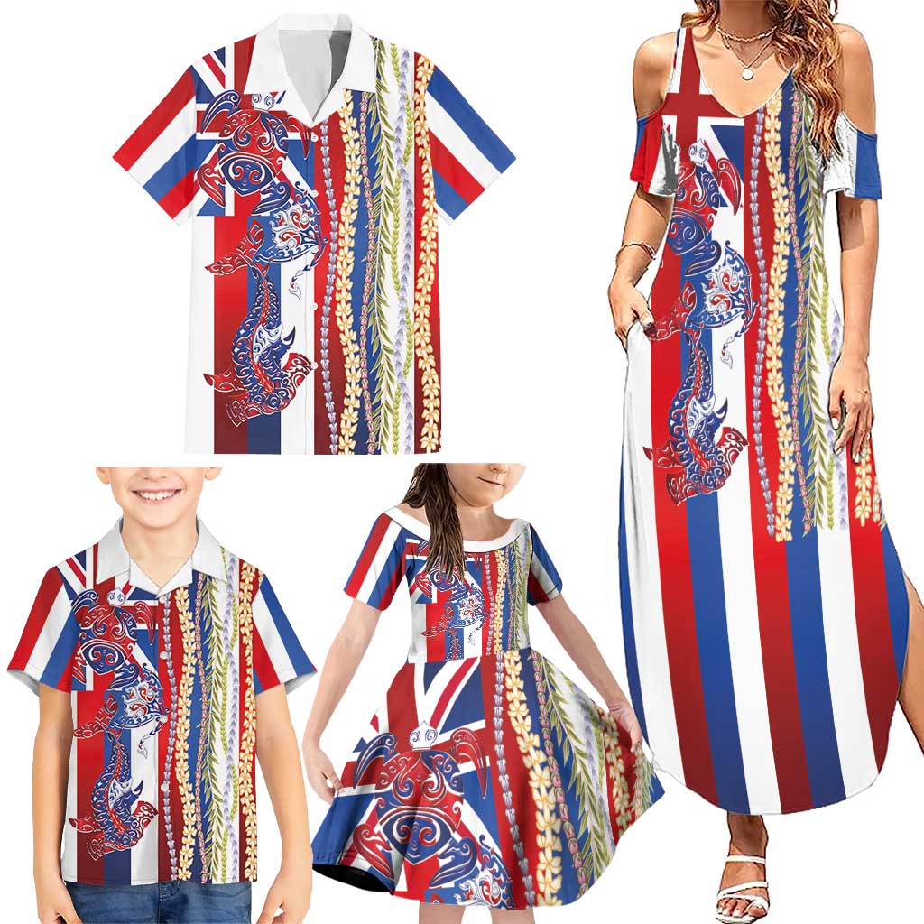 Hawaiian Sea Animals Family Matching Summer Maxi Dress and Hawaiian Shirt with Lei and Flag Style