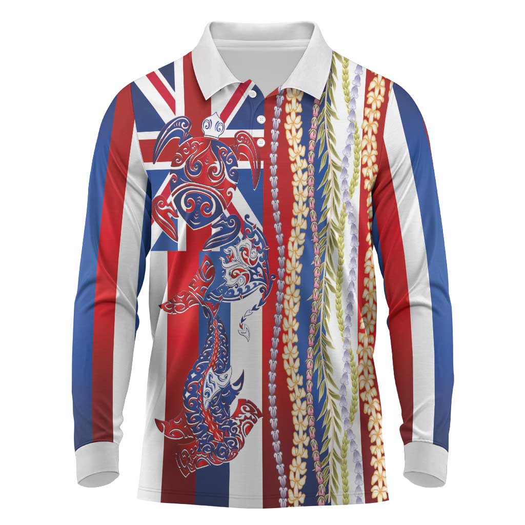 Hawaiian Sea Animals Long Sleeve Polo Shirt with Lei and Flag Style LT03 Multicolor - Polynesian Pride
