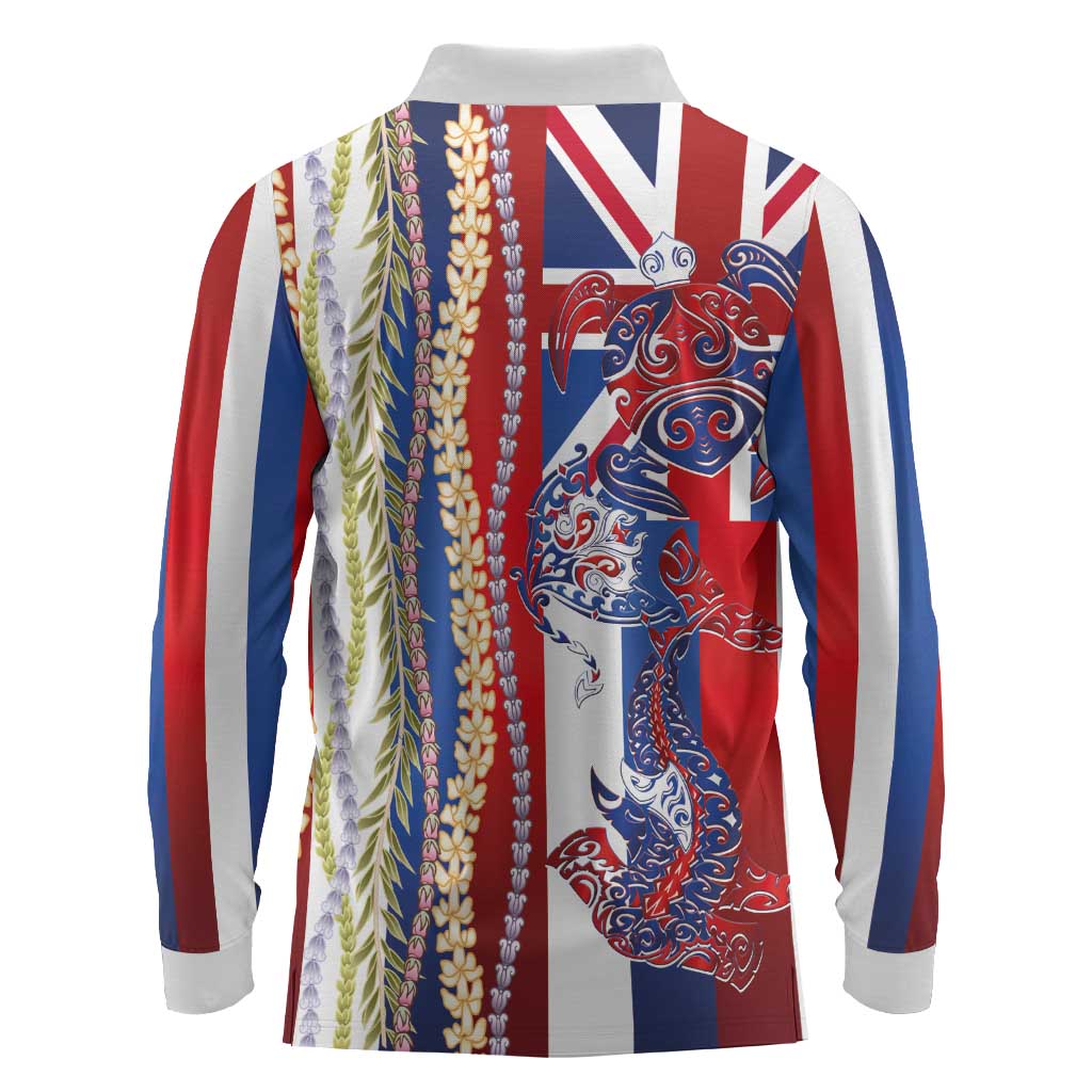 Hawaiian Sea Animals Long Sleeve Polo Shirt with Lei and Flag Style LT03 - Polynesian Pride