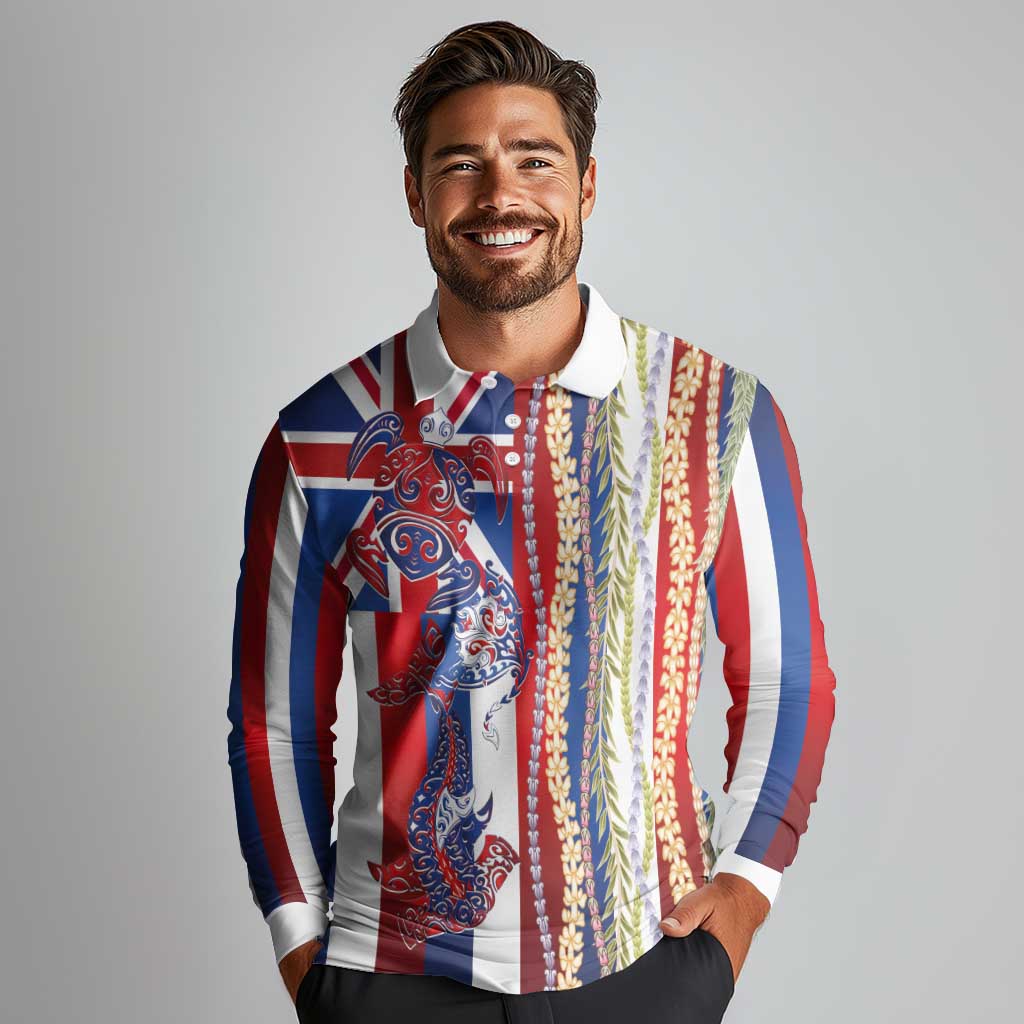 Hawaiian Sea Animals Long Sleeve Polo Shirt with Lei and Flag Style LT03 - Polynesian Pride