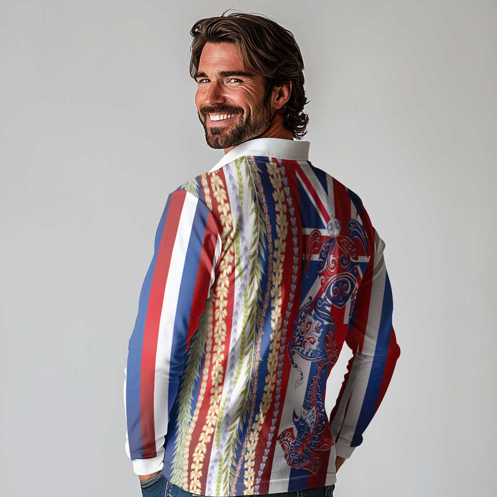 Hawaiian Sea Animals Long Sleeve Polo Shirt with Lei and Flag Style LT03 - Polynesian Pride