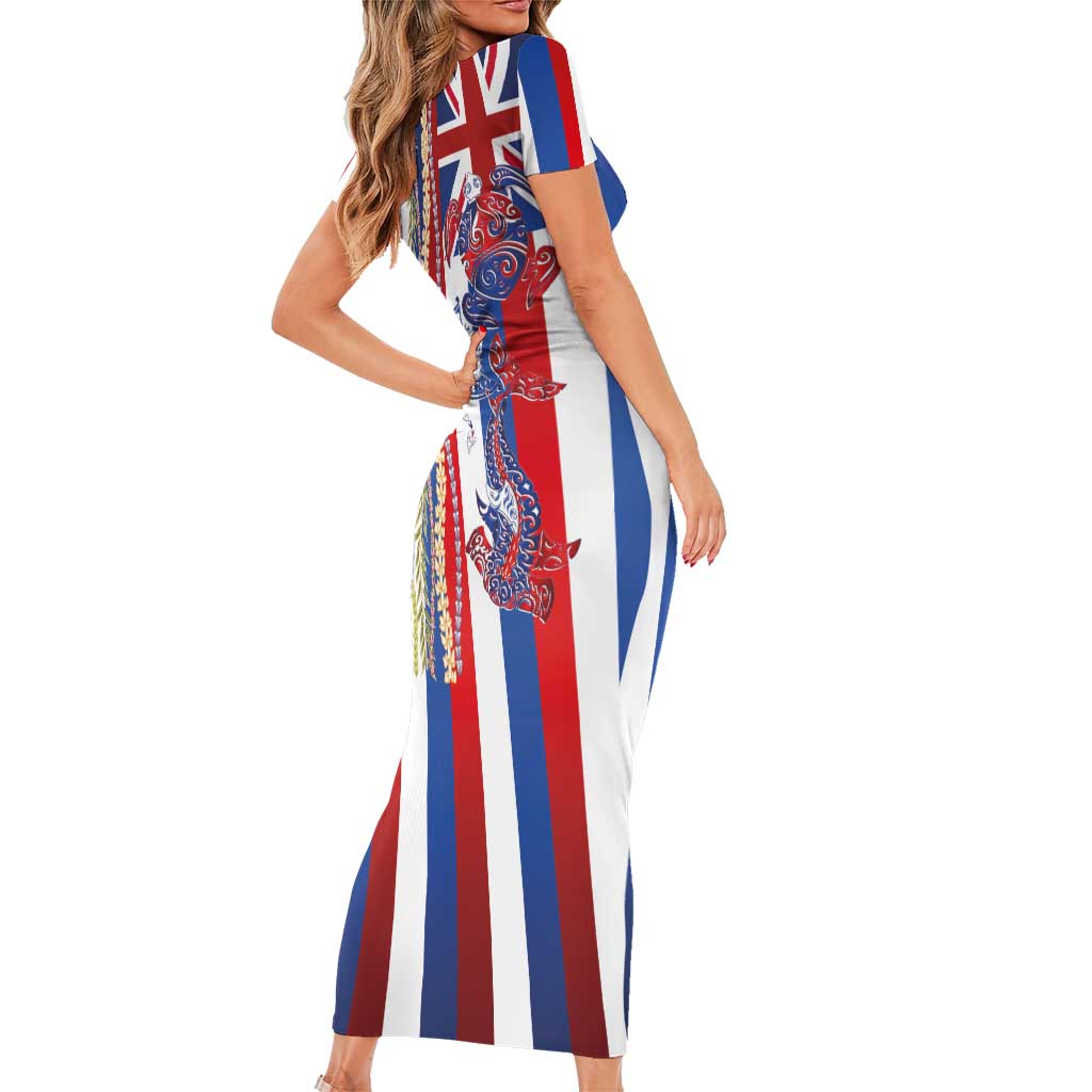 Hawaiian Sea Animals Short Sleeve Bodycon Dress with Lei and Flag Style LT03 - Polynesian Pride