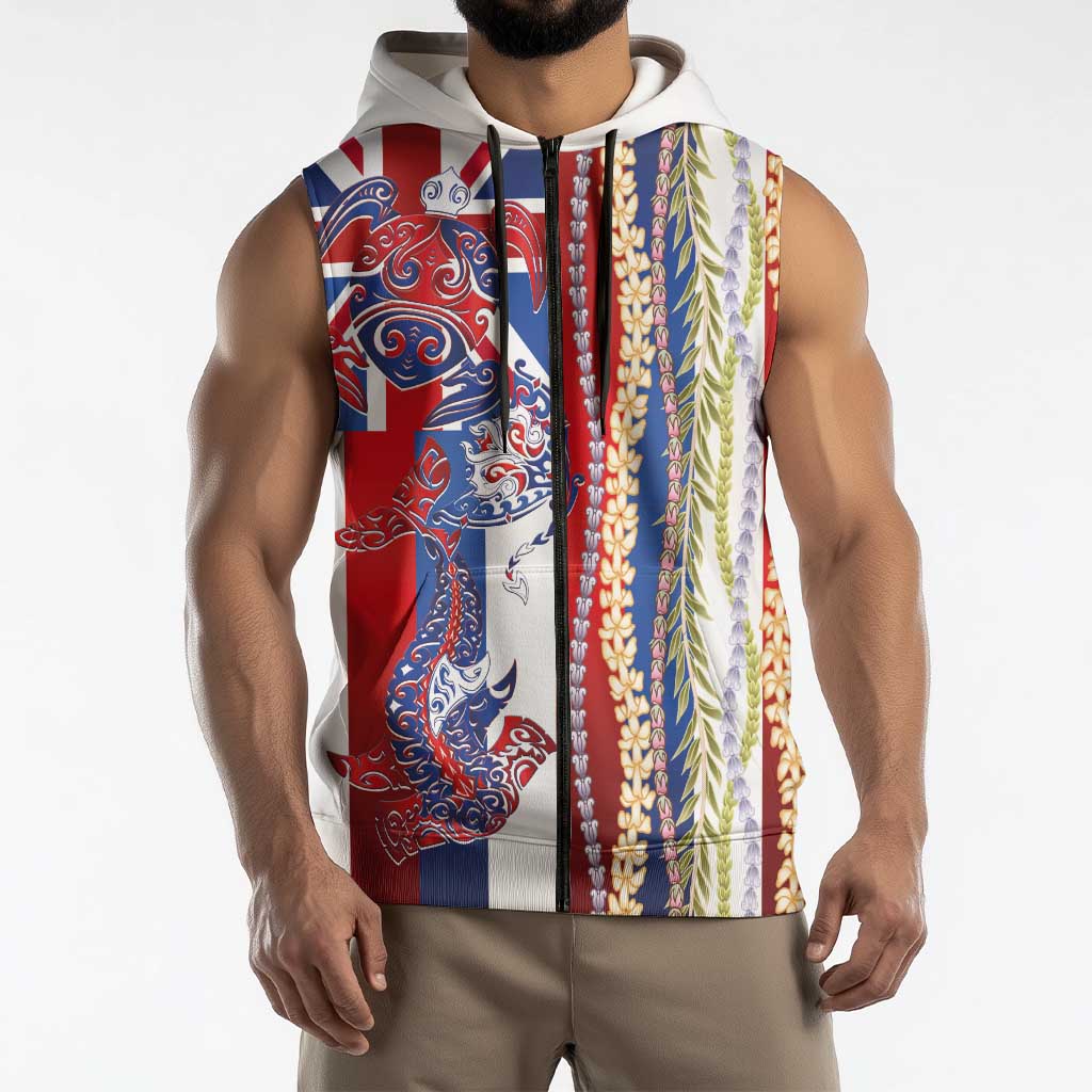 Hawaiian Sea Animals Sleeveless Zip Hoodie with Lei and Flag Style LT03 - Polynesian Pride