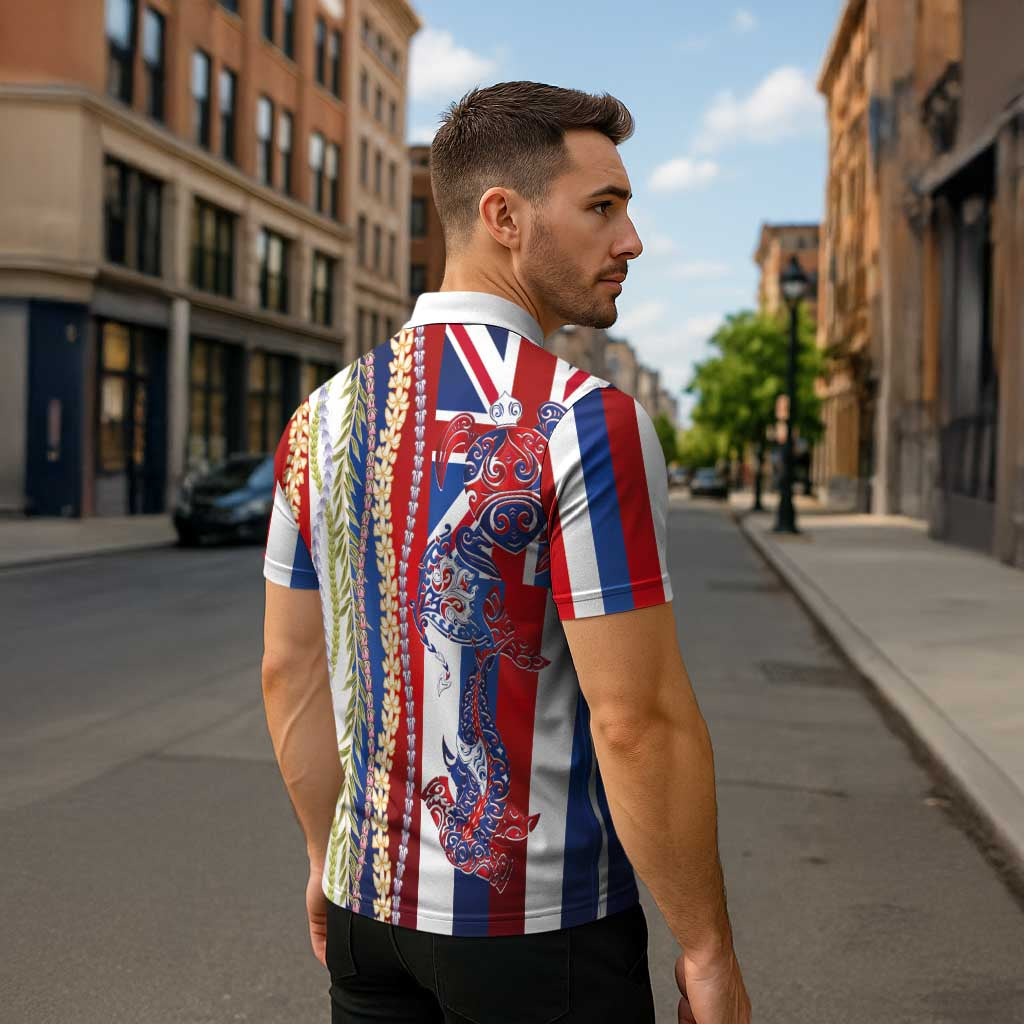 Hawaiian Sea Animals Zipper Polo Shirt with Lei and Flag Style