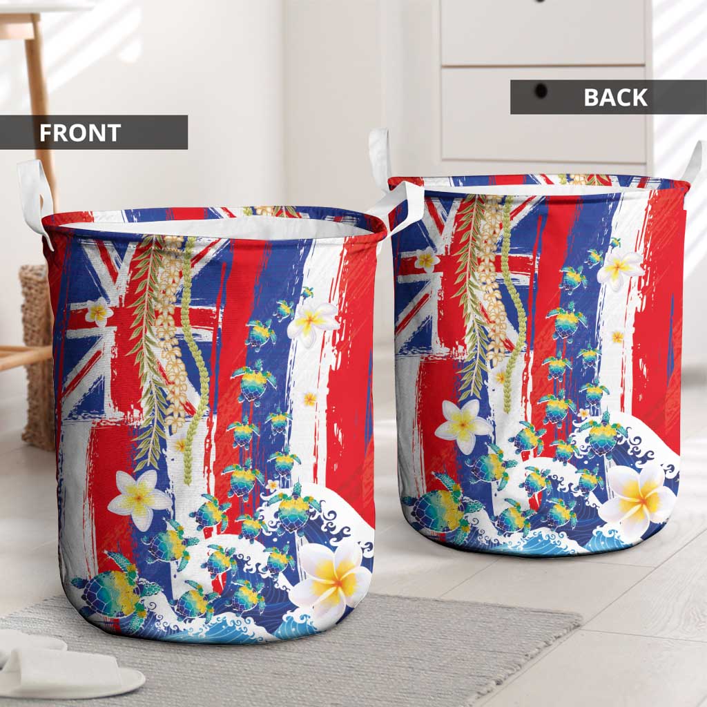 Hawaiian Sea Turtles and Plumeria Laundry Basket with Lei and Flag Grunge Style