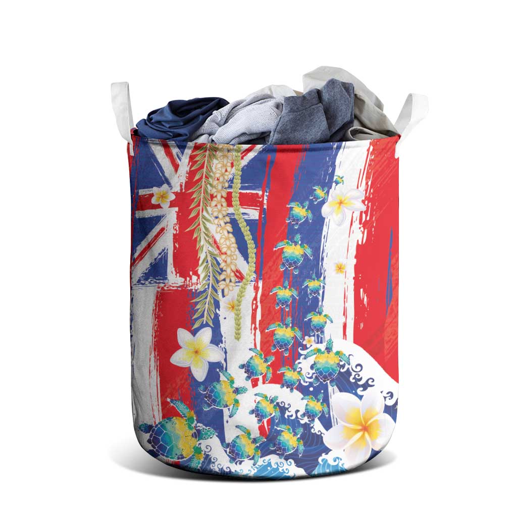 Hawaiian Sea Turtles and Plumeria Laundry Basket with Lei and Flag Grunge Style
