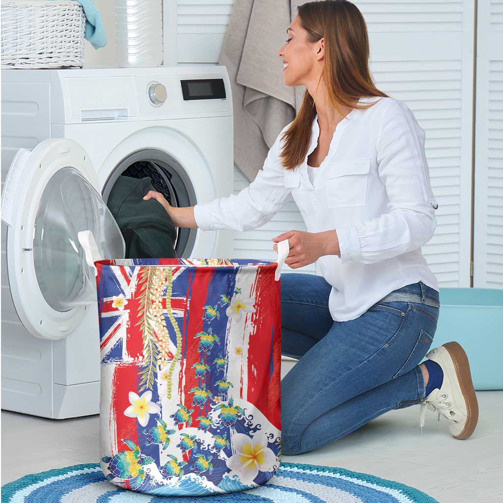 Hawaiian Sea Turtles and Plumeria Laundry Basket with Lei and Flag Grunge Style