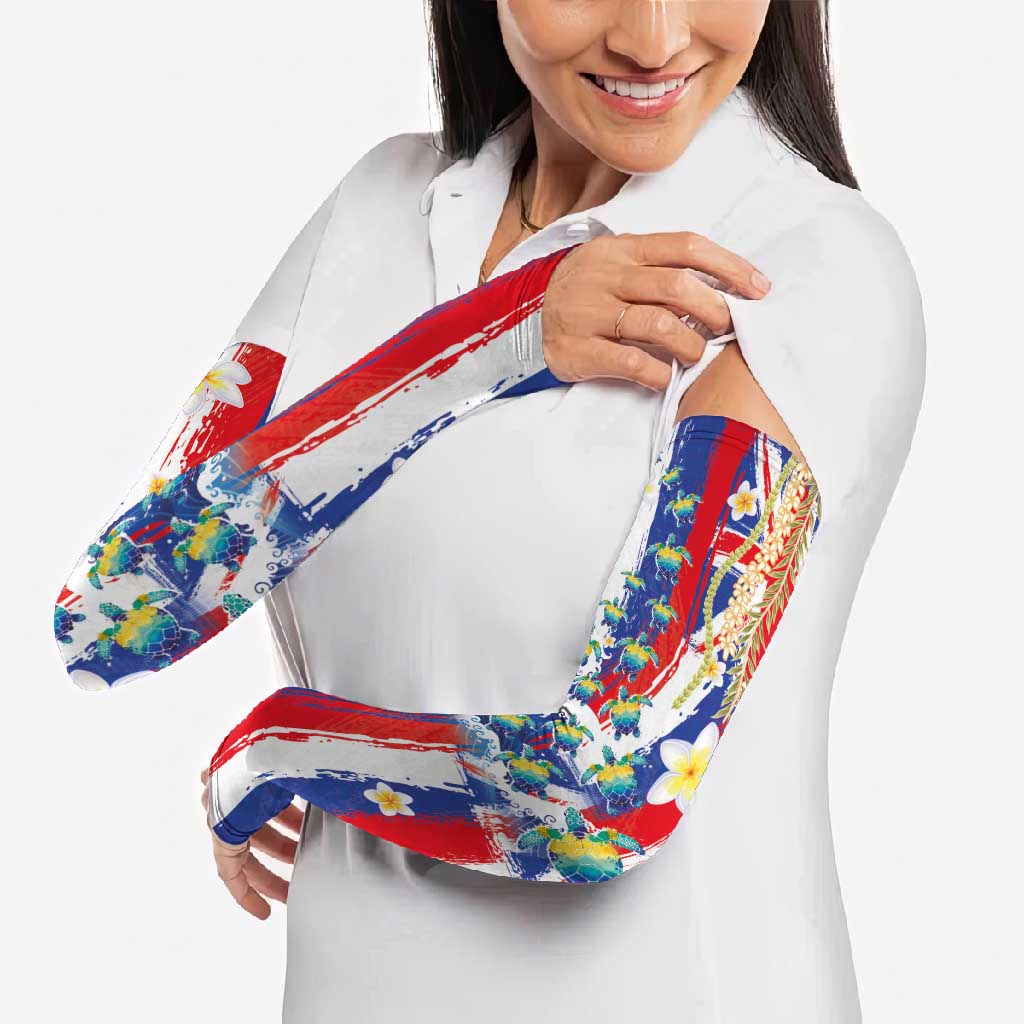 Hawaiian Sea Turtles and Plumeria Arm Sleeves with Lei and Flag Grunge Style