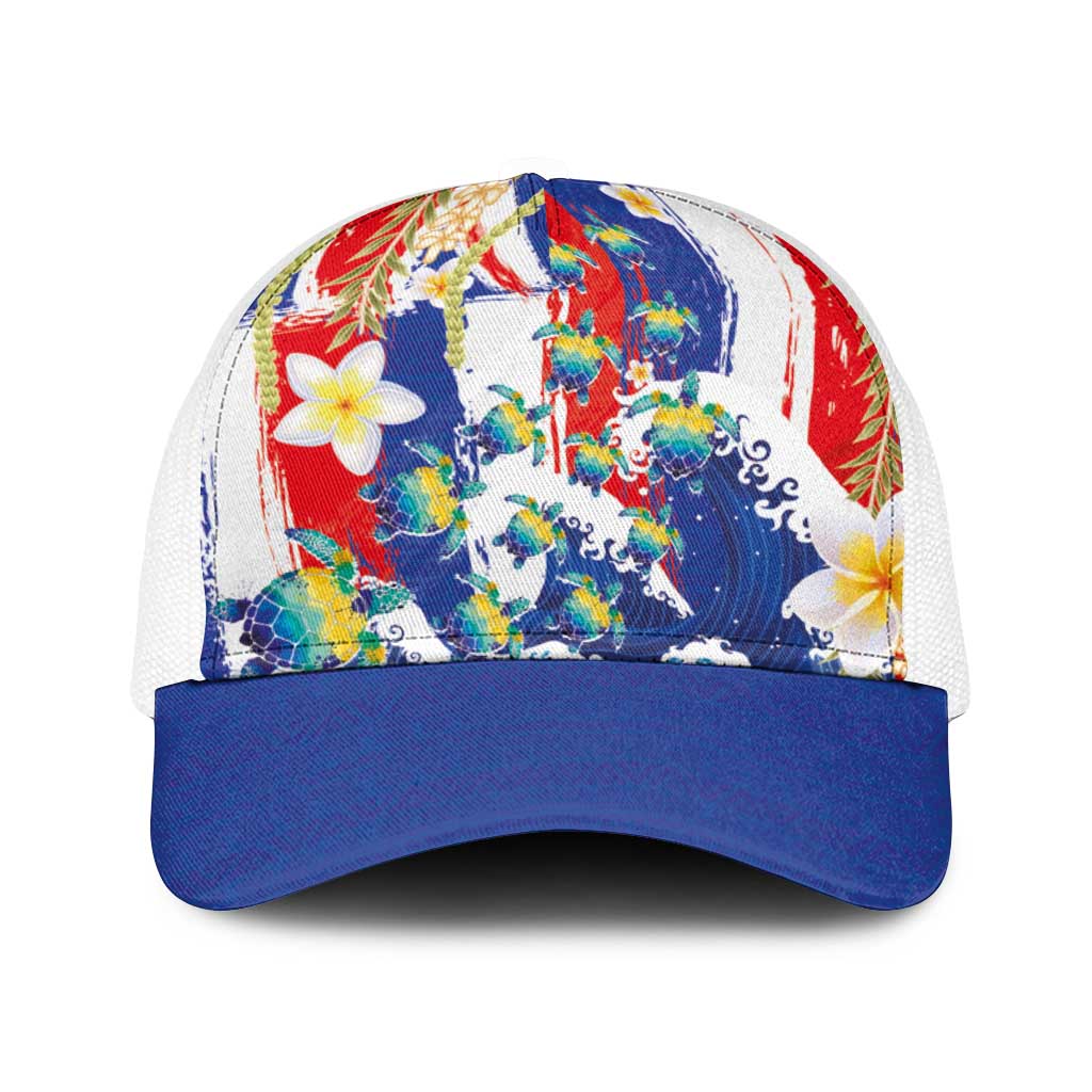 Hawaiian Sea Turtles and Plumeria Baseball Net Cap with Lei and Flag Grunge Style
