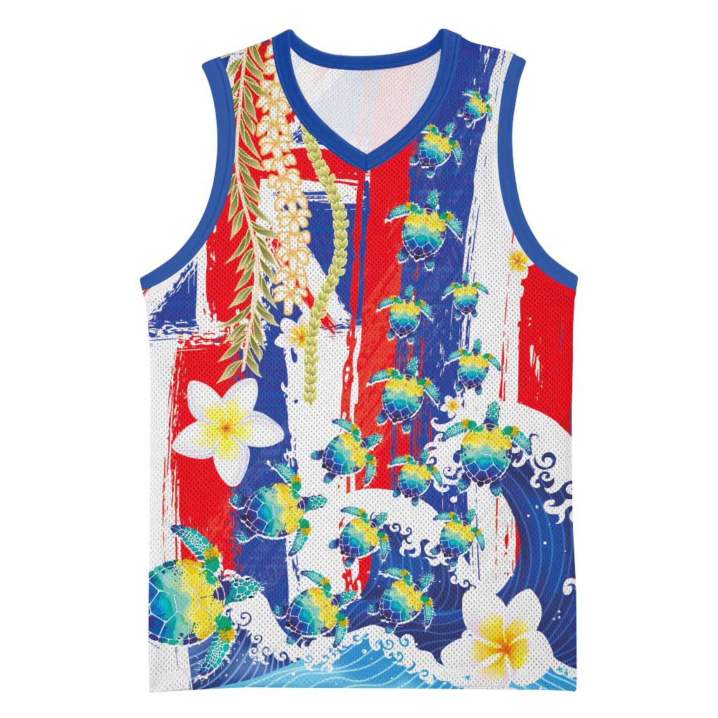 Hawaiian Sea Turtles and Plumeria Basketball Jersey with Lei and Flag Grunge Style