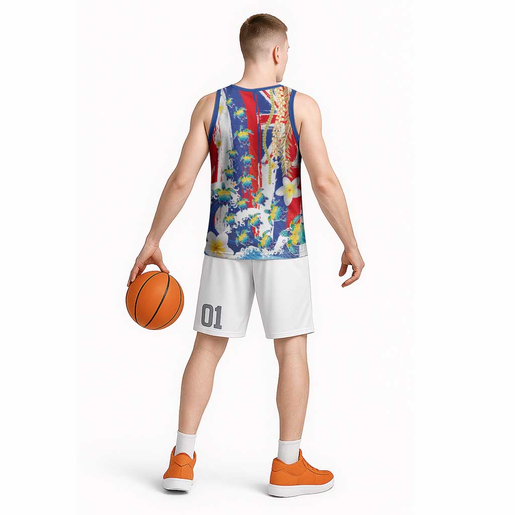 Hawaiian Sea Turtles and Plumeria Basketball Jersey with Lei and Flag Grunge Style