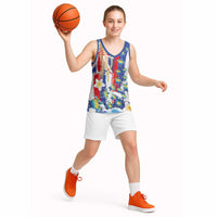 Hawaiian Sea Turtles and Plumeria Basketball Jersey with Lei and Flag Grunge Style