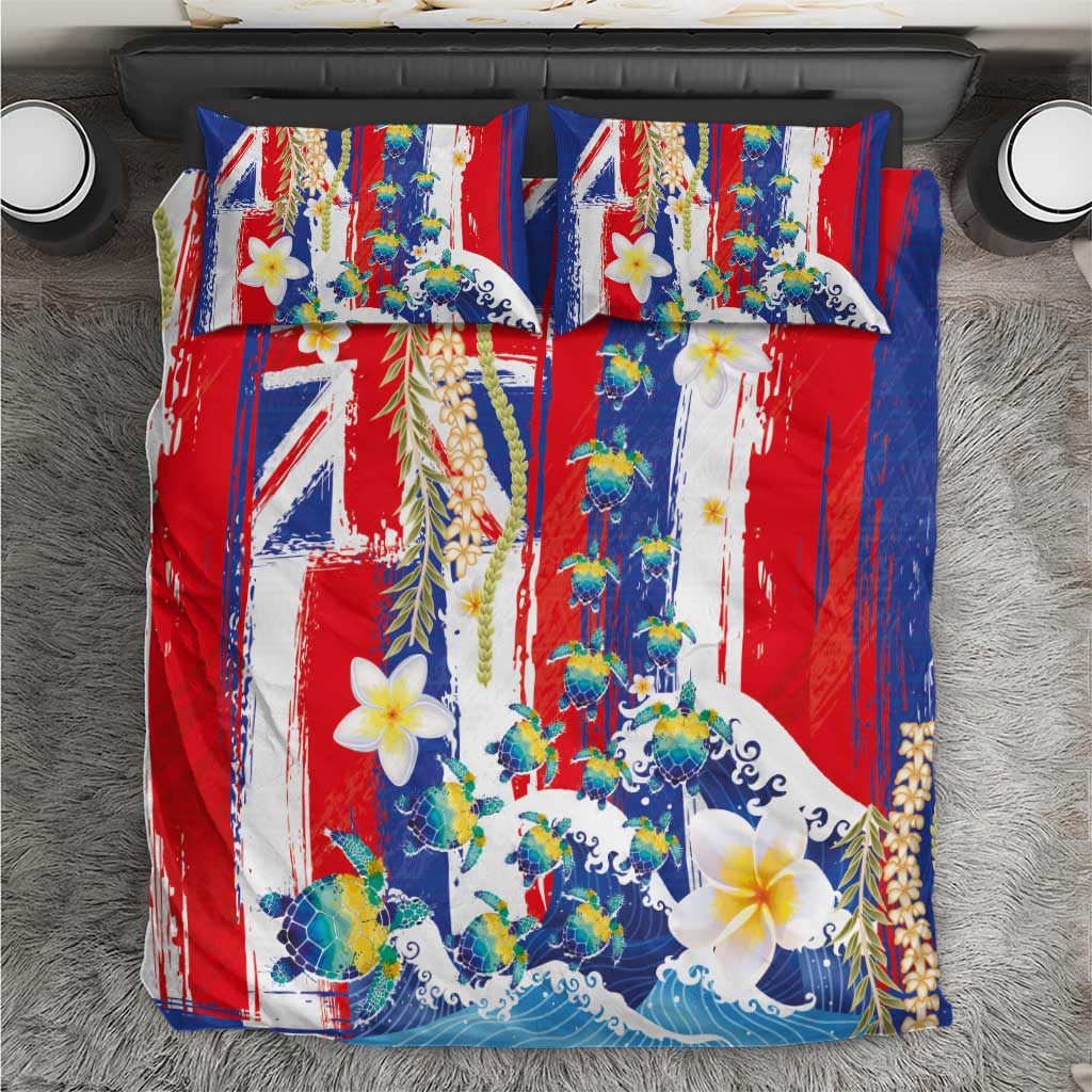 Hawaiian Sea Turtles and Plumeria Bedding Set with Lei and Flag Grunge Style