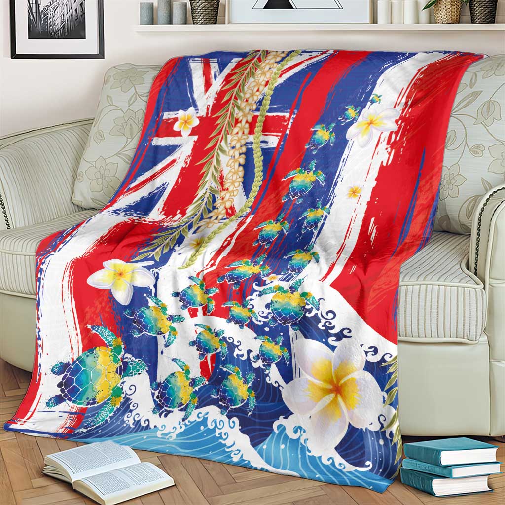 Hawaiian Sea Turtles and Plumeria Blanket with Lei and Flag Grunge Style