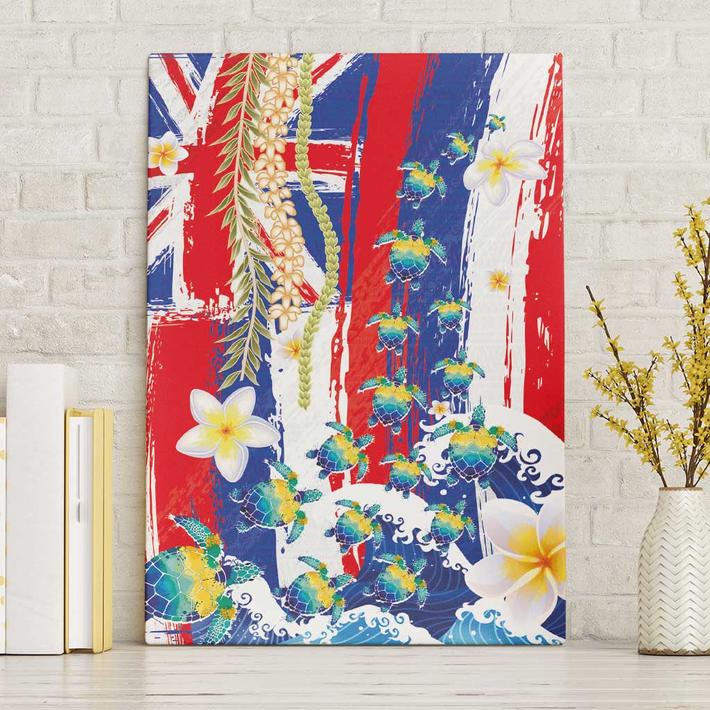 Hawaiian Sea Turtles and Plumeria Canvas Wall Art with Lei and Flag Grunge Style