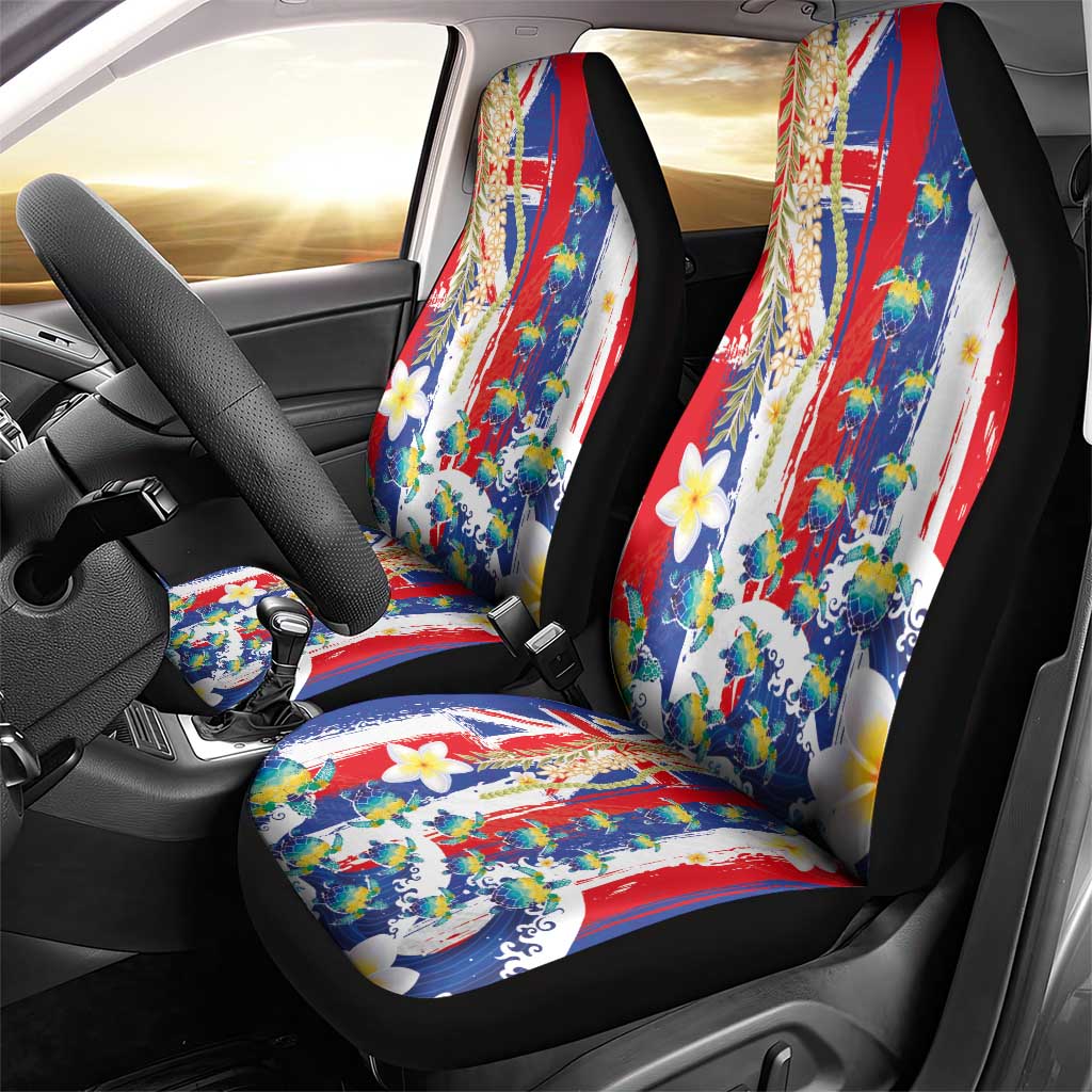 Hawaiian Sea Turtles and Plumeria Car Seat Cover with Lei and Flag Grunge Style LT03 - Polynesian Pride