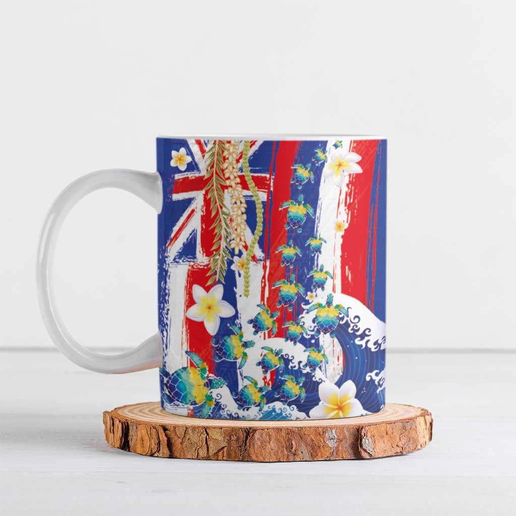 Hawaiian Sea Turtles and Plumeria Ceramic Mug with Lei and Flag Grunge Style