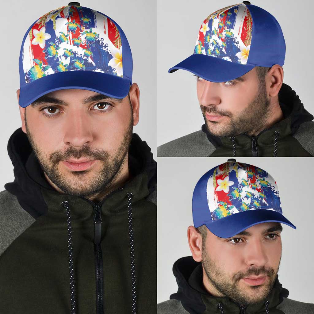 Hawaiian Sea Turtles and Plumeria Classic Cap with Lei and Flag Grunge Style