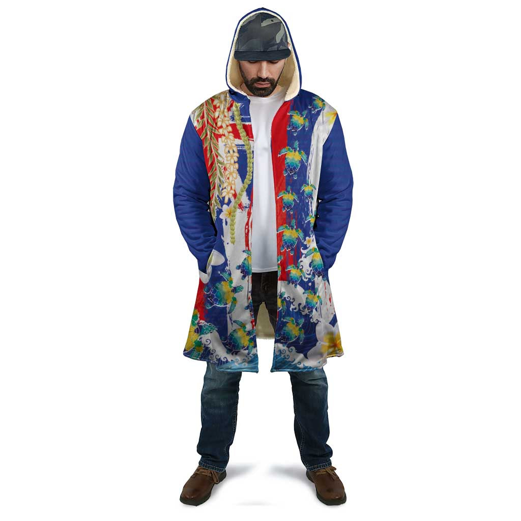 Hawaiian Sea Turtles and Plumeria Cloak with Lei and Flag Grunge Style LT03 - Polynesian Pride