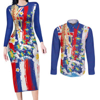 Hawaiian Sea Turtles and Plumeria Couples Matching Long Sleeve Bodycon Dress and Long Sleeve Button Shirt with Lei and Flag Grunge Style