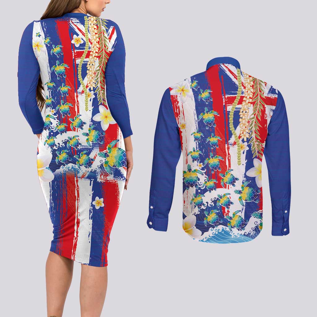 Hawaiian Sea Turtles and Plumeria Couples Matching Long Sleeve Bodycon Dress and Long Sleeve Button Shirt with Lei and Flag Grunge Style