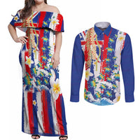Hawaiian Sea Turtles and Plumeria Couples Matching Off Shoulder Maxi Dress and Long Sleeve Button Shirt with Lei and Flag Grunge Style
