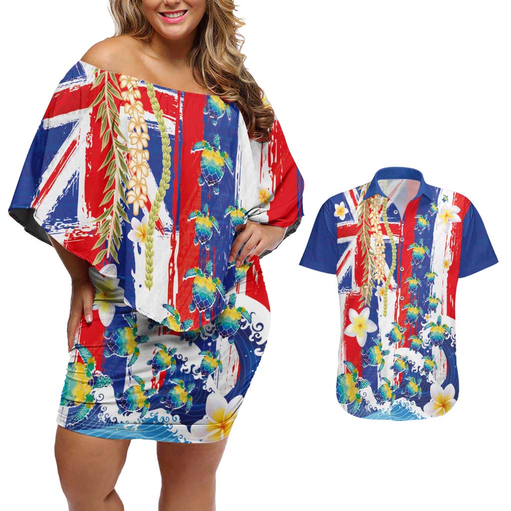Hawaiian Sea Turtles and Plumeria Couples Matching Off Shoulder Short Dress and Hawaiian Shirt with Lei and Flag Grunge Style