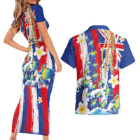 Hawaiian Sea Turtles and Plumeria Couples Matching Short Sleeve Bodycon Dress and Hawaiian Shirt with Lei and Flag Grunge Style