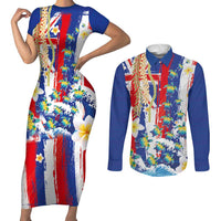 Hawaiian Sea Turtles and Plumeria Couples Matching Short Sleeve Bodycon Dress and Long Sleeve Button Shirt with Lei and Flag Grunge Style