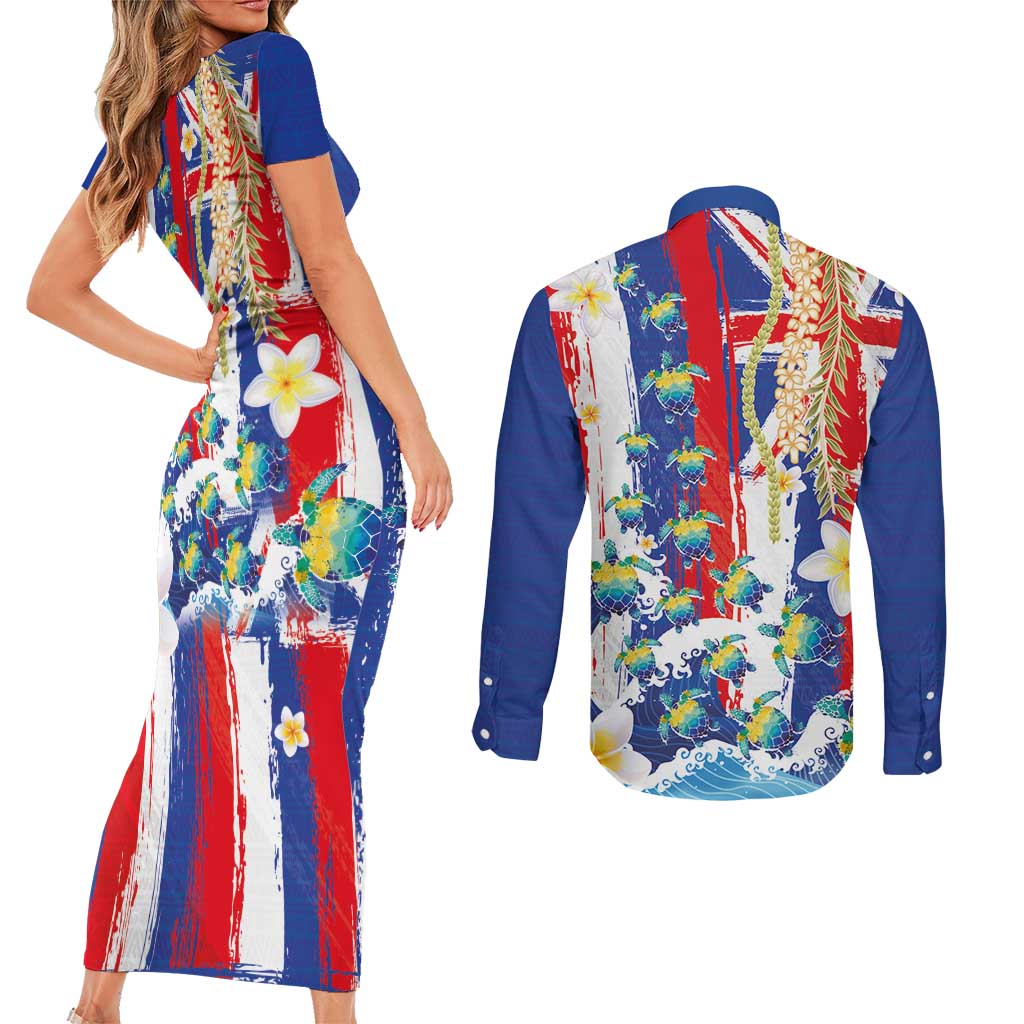 Hawaiian Sea Turtles and Plumeria Couples Matching Short Sleeve Bodycon Dress and Long Sleeve Button Shirt with Lei and Flag Grunge Style